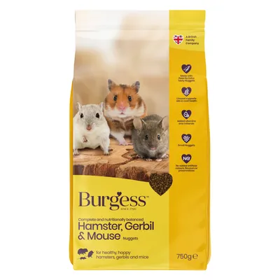 Burgess Hamster, Gerbil & Mouse Nuggets, 750g. With linseed, vitamins and minerals, free from artificial additives. For hamsters, gerbils and mice. Burgess Hamster, Gerbil & Mouse Nuggets, 750g. With linseed, vitamins and minerals, free from artificial additives. For hamsters, gerbils and mice.