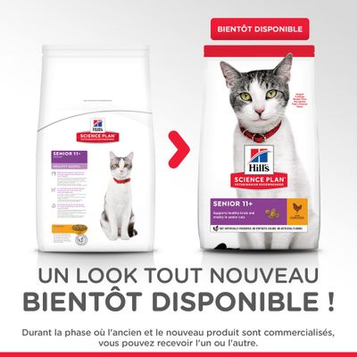 Comparaison de l’ancien et du nouveau packaging Hill’s Science Plan Senior 11+ pour chat, mention « Bientôt disponible ». Texte : un look tout nouveau bientôt disponible.