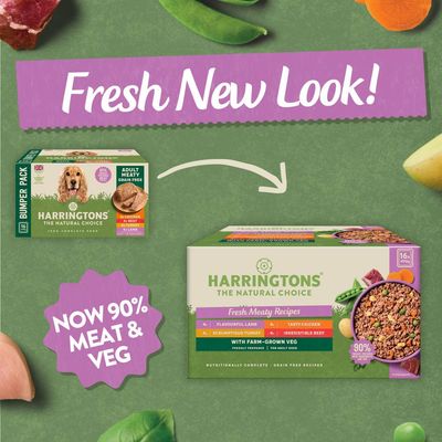 Harringtons pet food packaging update shown, highlighting new look and recipe with 90% meat and veg. Includes flavours: lamb, chicken, turkey, beef. Grain free recipes for adult pets.