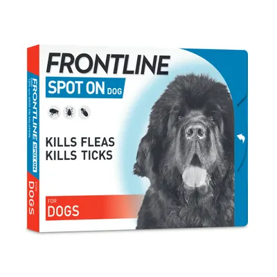 Frontline Spot On for dogs, kills fleas and ticks. Packaging shows icons of flea and tick, with text stating 'Kills fleas, kills ticks' and 'For dogs'.