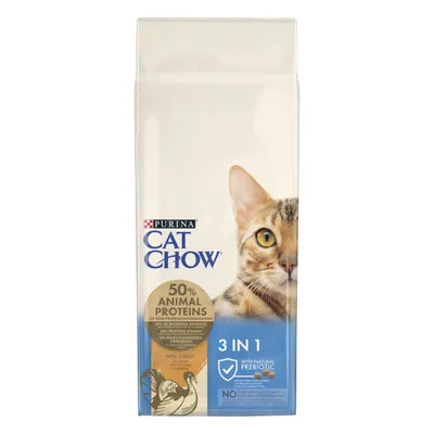 Confezione Purina Cat Chow 3 in 1, 50% proteine animali, con tacchino, con prebiotico naturale. Testo visibile: NO coloranti artificiali, aromi o conservanti aggiunti.