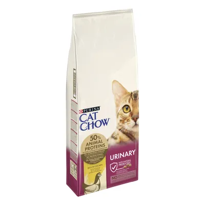 Confezione di Purina Cat Chow Urinary, 50% proteine animali, ricco in pollo, con prebiotico naturale. Testo visibile: NO coloranti, aromi o conservanti artificiali aggiunti.