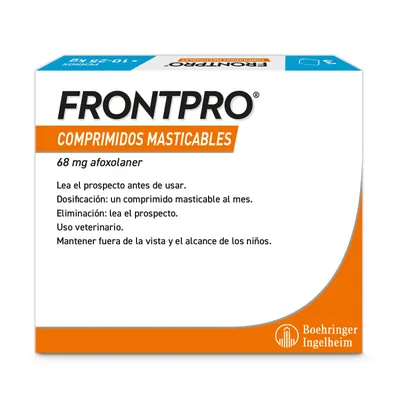 Frontpro comprimidos masticables, 68 mg de afoxolaner. Dosis: un comprimido masticable al mes. Lea las instrucciones de uso. Uso veterinario. Mantener fuera del alcance de los niños.