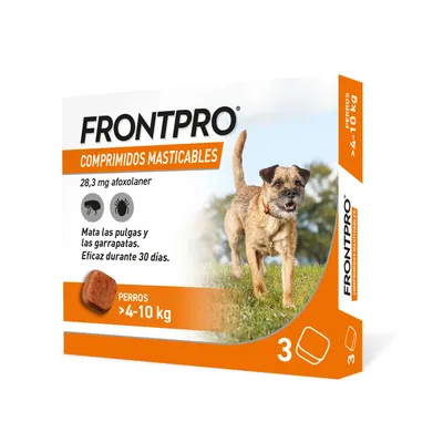 Frontpro comprimidos masticables para perros de 4-10 kg, 28,3 mg de afoxolaner. Eficaz contra pulgas y garrapatas durante 30 días. Paquete con 3 comprimidos.