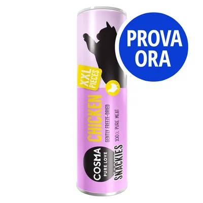 COSMA PURE LOVE SNACKIES CHICKEN XXL PIECES, gently freeze-dried, 100% pure meat. Cerchio blu con testo: PROVA ORA.