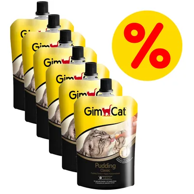 Mehrfachpackung GimCat Pudding Classic, gelbe Beutel mit Katze und Hand, Aufschrift: Calcium. Gelbes Prozentzeichen für Angebot.