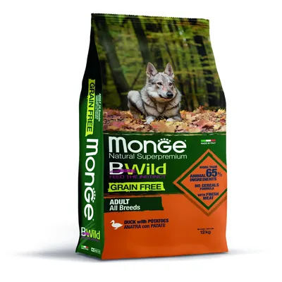 Monge Natural Superpremium BWild Grain Free Adult All Breeds, anatra con patate, più del 65% ingredienti animali, senza cereali, carne fresca, sacco da 12 kg
