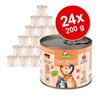GranataPet DeliCATessen kalf & konijn natvoer voor katten, 24 blikken à 200 g. Op het etiket: zonder granen, gemaakt in Duitsland, zalmolie, granaatappelpitten.