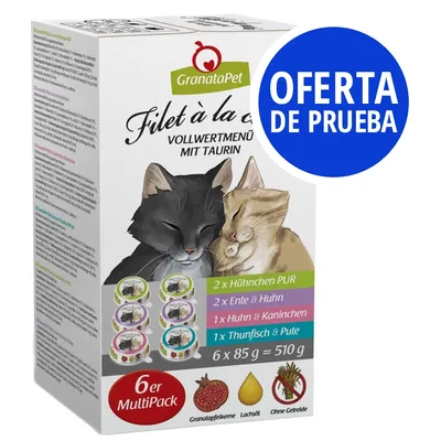 GranataPet Filet à la carte, multipack de 6 x 85 g para gatos. Oferta de prueba. Variedades: pollo, pato y pollo, pollo y conejo, atún y pavo. Sin cereales, con aceite de salmón.