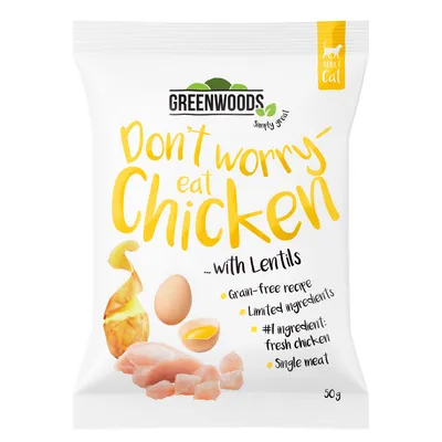 Greenwoods Simply Great Adult Cat Snack, 'Don't worry eat Chicken with Lentils', kornfri opskrift, frisk kylling som hovedingrediens, begrænsede ingredienser, enkelt kød, 50g.