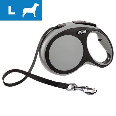 Guinzaglio avvolgibile Flexi, taglia L, con manico ergonomico nero e grigio, moschettone in metallo e nastro nero. Simbolo cane e lettera L visibili.