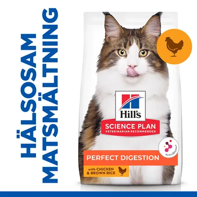 Hill's Science Plan Perfect Digestion kattmat med kyckling och brunt ris. Text: Hälsosam matsmältning, with chicken & brown rice, ActivBiome+. Bild på katt på förpackningen.