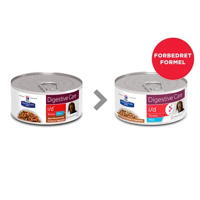 To Hill's Prescription Diet Digestive Care i/d Stress Mini dåser, før og efter designændring. Rød cirkel med teksten 'FORBEDRET FORMEL' på den nye dåse.