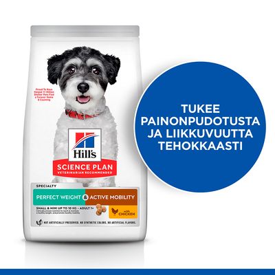 Hill's Science Plan Perfect Weight & Active Mobility koiranruoka, with chicken. Teksti: Tukee painonpudotusta ja liikkuvuutta tehokkaasti. Small & mini up to 10 kg - adult.