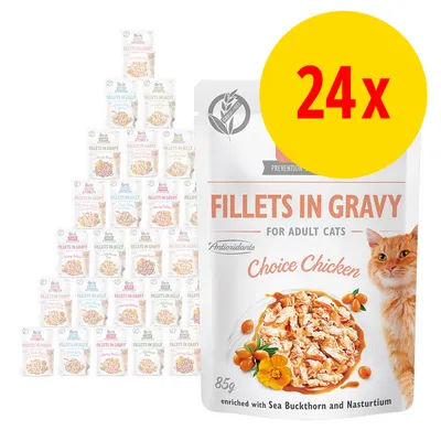 Brit Fillets in Gravy for Adult Cats Choice Chicken, 85 g. Pakke med 24 stk. Synlig tekst: +Antioxidants, enriched with Sea Buckthorn and Nasturtium.