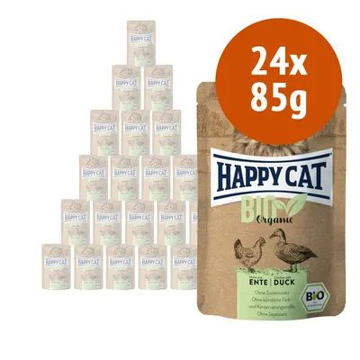 Multipack 24x85g Happy Cat BIO Organic Ente, confezioni con anatre disegnate e testo: senza zuccheri aggiunti, senza coloranti e conservanti artificiali, senza soia.