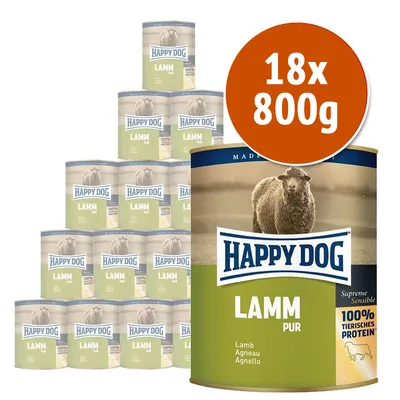 18 lattine da 800 g di Happy Dog Lamm Pur, agnello puro, 100% tierisches Protein, Supreme Sensible. Testo visibile: Lamb, Agneau, Agnello.