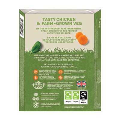 Tasty chicken and farm-grown veg, hypoallergenic grain-free recipe, no added wheat, soya or dairy, with added salmon oil, chicory extract, seaweed, recyclable packaging, made in the UK.