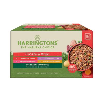 Harringtons Fresh Classic Recipes multipack with 4x irresistible beef, 4x flavourful lamb, 4x satisfying salmon, 4x scrumptious turkey, with farm-grown veg. 16 x 400g. Grain free.