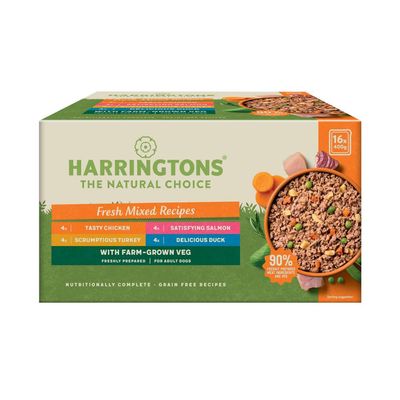 Harringtons Fresh Mixed Recipes with 4x chicken, 4x salmon, 4x turkey, 4x duck, with farm-grown veg. 16 x 400g packs. Grain free, for adult dogs. 90% freshly prepared meat, ingredients and veg.