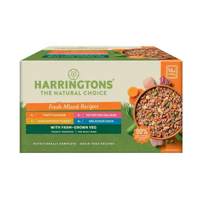 Harringtons Fresh Mixed Recipes with 4x chicken, 4x salmon, 4x turkey, 4x duck, with farm-grown veg. 16 x 400g packs. Grain free, for adult dogs. 90% freshly prepared meat, ingredients and veg.