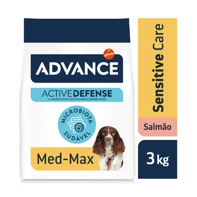 Advance Active Defense Sensitive Care Salmão, Microbiota Saudável, Med-Max, 3 kg. Ingredientes cientificamente comprovados visíveis na embalagem. Advance Active Defense Sensitive Care Salmão, Microbiota Saudável, Med-Max, 3 kg. Ingredientes cientificamente comprovados visíveis na embalagem.