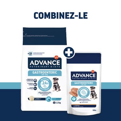 Advance Veterinary Diets Gastroenteric Mini <10 kg croquettes 1,5 kg et aliment humide 150 g au poulet. Combinez les deux produits.