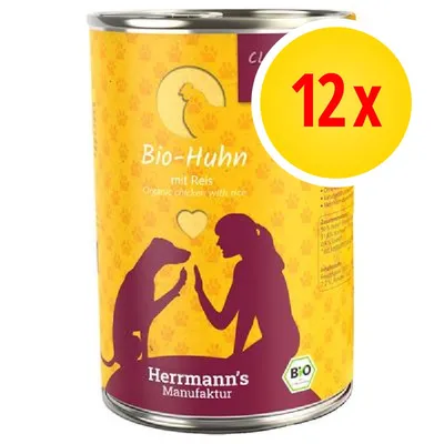 Herrmann's Manufaktur Bio-Huhn mit Reis, confezione da 12. Testo visibile: Organic chicken with rice, BIO. Herrmann's Manufaktur Bio-Huhn mit Reis, confezione da 12. Testo visibile: Organic chicken with rice, BIO.