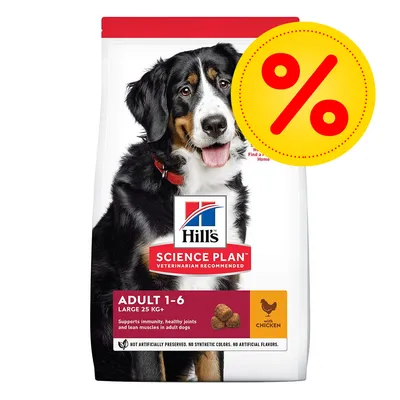 Sac Hill's Science Plan Adult 1-6 Large 25 kg+ au poulet, offre spéciale indiquée par un symbole pourcentage jaune, texte visible en anglais sur l'emballage.