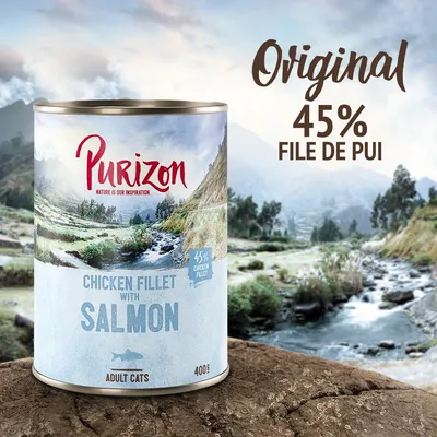 Purizon Chicken Fillet with Salmon pentru pisici adulte, 400g. Text vizibil: Original 45% file de pui, 45% chicken fillet.