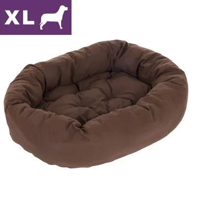 Brunt, polstret hundeseng i stof. Øverst til venstre ses et lilla felt med teksten 'XL' og en hvid silhuet af en hund. Brunt, polstret hundeseng i stof. Øverst til venstre ses et lilla felt med teksten 'XL' og en hvid silhuet af en hund.