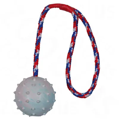 Spielball mit Noppen, befestigt an einer rot-blau-weiß gemusterten Kordel. Ball und Kordel sind miteinander verbunden.
