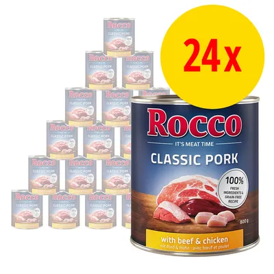 Rocco Classic Pork med oksekød og kylling, 24x800g dåser. Tekst: 100% fresh ingredients & grain-free recipe. Billede af kød på etiketten.