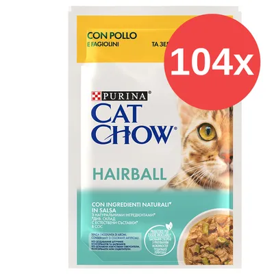 Purina Cat Chow Hairball con pollo y judías verdes, 104 sobres. Texto visible: 'con ingredientes naturales', 'sin colorantes artificiales'. Imagen de comida húmeda para gatos.