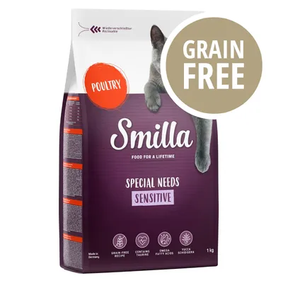 Smilla Special Needs Sensitive, poultry, GRAIN FREE, 1 kg. Testi visibili: grain-free recipe, contains taurine, omega fatty acids, yucca schidigera, made in Germany.