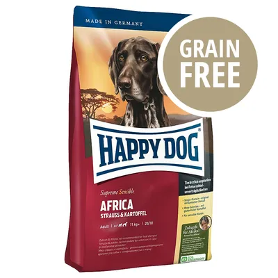 Confezione di crocchette per cani Happy Dog Supreme Sensible Africa, struzzo e patate, 11 kg, scritta GRAIN FREE, Made in Germany visibile sulla parte superiore.