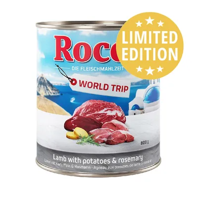 Scatola Rocco World Trip Limited Edition, 800 g, agnello con patate e rosmarino. Testo visibile: Lamb with potatoes & rosemary.