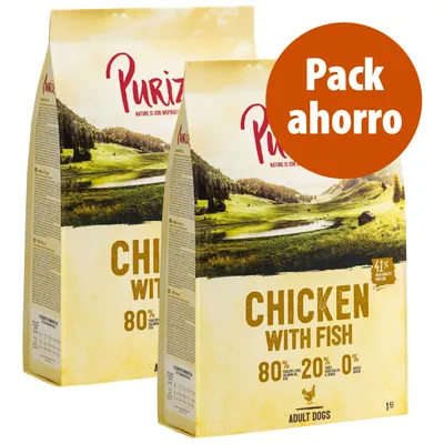 Pack ahorro de dos sacos de pienso Purizon Chicken with Fish para perros adultos, 80 % pollo y pescado, 20 % verduras y hierbas, 0 % grano. Texto en inglés visible en el envase.