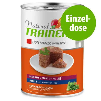 Conservă Natural Trainer cu vită, pentru câini adulți Medium & Maxi (>11 kg), conține rădăcină de cicoare. Text vizibil: Einzel-dose, CON MANZO WITH BEEF, ADULT (>12 MESI/MONTHS).