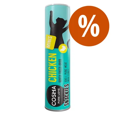 Cosma Pure Love Snacks Minis, Chicken, 100% gefriergetrocknete Fleischwürfel, Sonderangebot. Cosma Pure Love Snacks Minis, Chicken, 100% gefriergetrocknete Fleischwürfel, Sonderangebot.