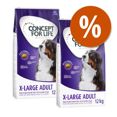 Due confezioni di Concept for Life X-Large Adult 12 kg, alimento per cani di taglia gigante, scritta promozionale con simbolo percentuale in arancione. Due confezioni di Concept for Life X-Large Adult 12 kg, alimento per cani di taglia gigante, scritta promozionale con simbolo percentuale in arancione.