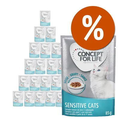 Multipack Concept for Life Sensitive Cats 85g, alimento umido per gatti sensibili, confezione con bustine e simbolo percentuale di offerta visibile sull'immagine.