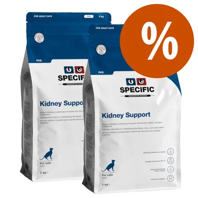 2 sacchi da 2 kg di crocchette Specific Kidney Support per gatti adulti, visibile simbolo percentuale su sfondo arancione, testo: For cats Adult, Kidney Support, FKD.