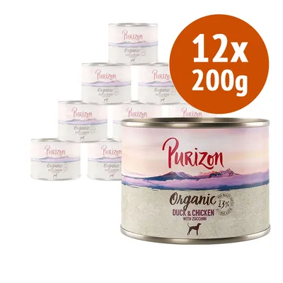 12 lattine da 200 g di Purizon Organic Duck & Chicken with Zucchini, 13% indicato sull'etichetta, confezione visibile con scritta e immagine di cane. 12 lattine da 200 g di Purizon Organic Duck & Chicken with Zucchini, 13% indicato sull'etichetta, confezione visibile con scritta e immagine di cane.