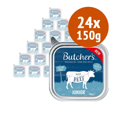 Confezione multipla 24x150g Butcher's Nourishing Food for Dogs Junior with Beef, Grain Free, con Omega 3 e 6. Testo visibile in inglese sull'etichetta.