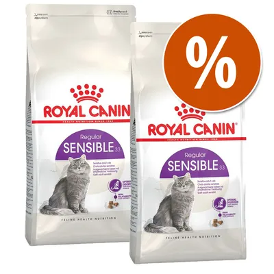 Due confezioni di Royal Canin Regular Sensible 33 per gatti adulti sensibili, con simbolo percentuale arancione che indica offerta o sconto visibile sull'immagine. Due confezioni di Royal Canin Regular Sensible 33 per gatti adulti sensibili, con simbolo percentuale arancione che indica offerta o sconto visibile sull'immagine.