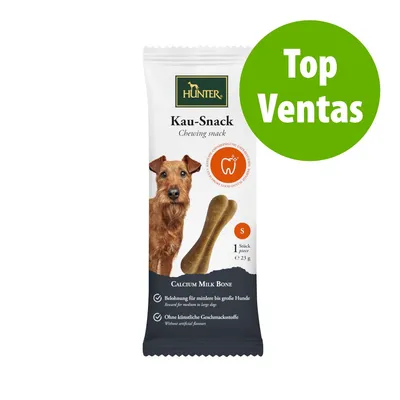 Hunter Kau-Snack Chewing snack, Calcium Milk Bone, 1 pieza de 23 g, sin aromas artificiales. Texto destacado: Top Ventas. Imagen de un perro y hueso masticable en el envase.