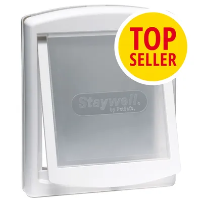 Puerta para mascotas Staywell by PetSafe de plástico blanco. Sello amarillo con texto en inglés: TOP SELLER.