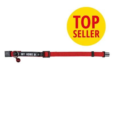 Collare rosso con campanellino, scritta visibile 'MY HOME', etichetta gialla con testo 'TOP SELLER' in rosso.