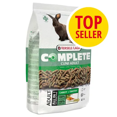 Versele-Laga Complete Cuni Adult, alimento per conigli adulti, scritta TOP SELLER, visibili testo Carrot + Timothy, 100% extruded, 100% appetite, immagine di coniglio e carote.
